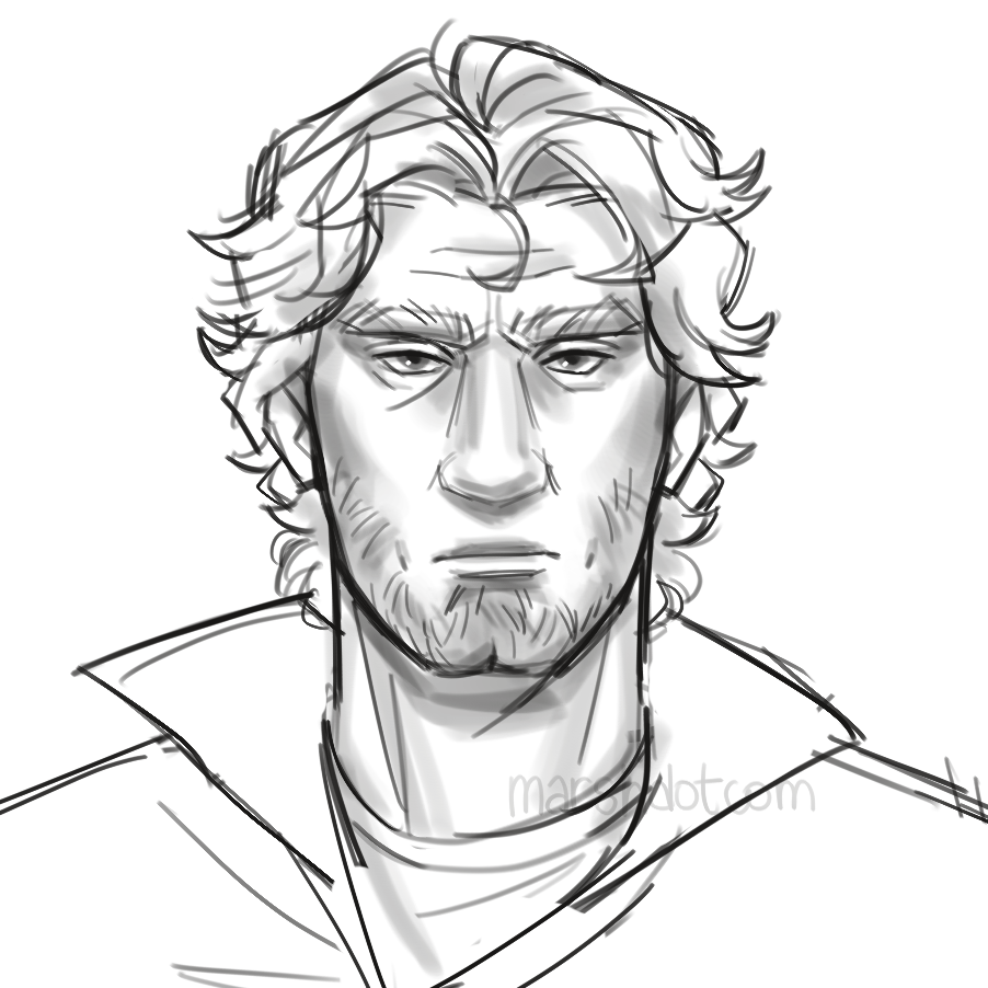 Sketch of Curly from the video game Mouthwashing. He looks dead ahead at the viewer.