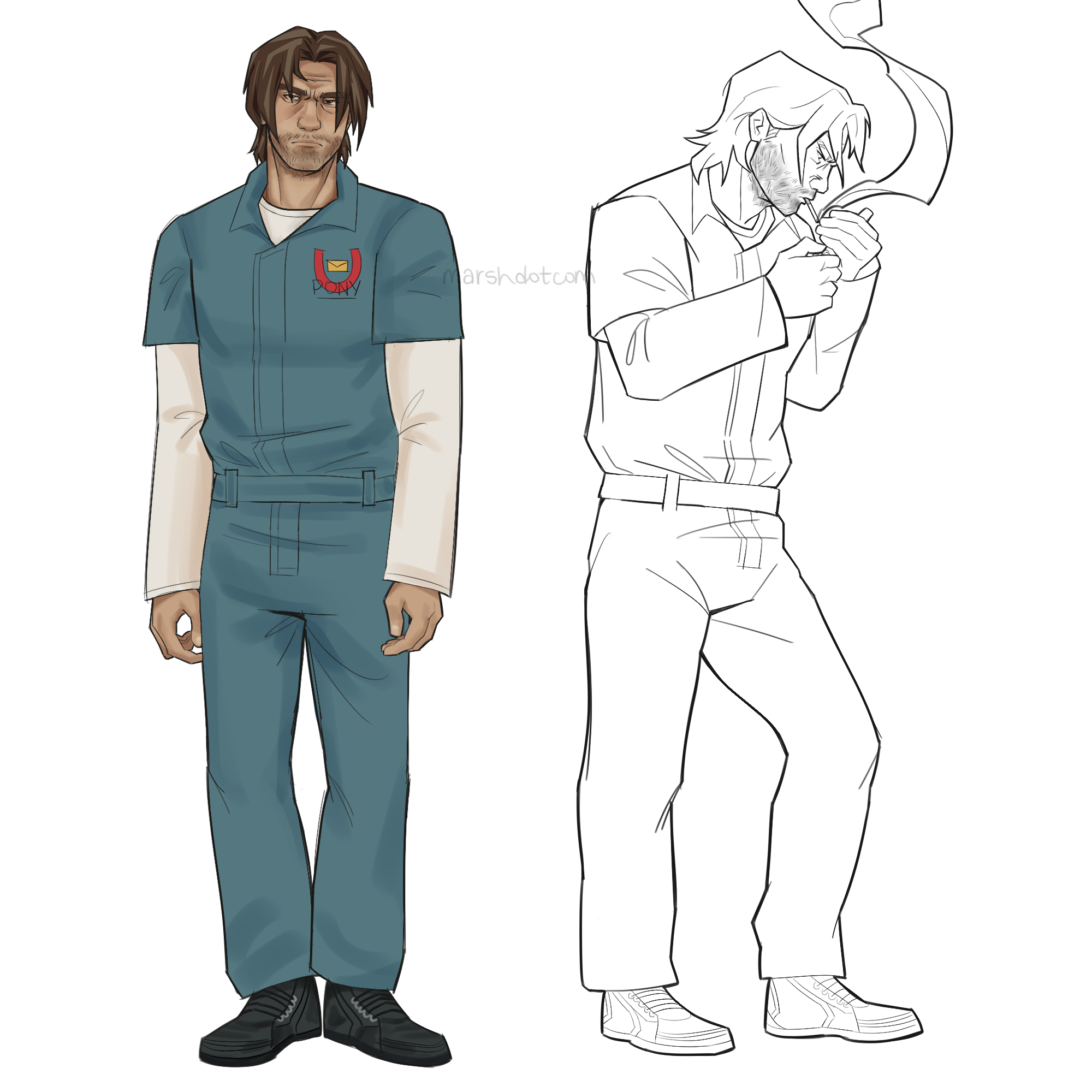 Character sheet of Jimmy from the video game Mouthwashing. He's drawn in two full-body views: On the left, he stands awkwardly facing the viewer like the stinky rat he is; on the right, he stands hunched over to the right while taking a drag from a cigarette.