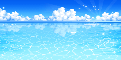 Gif of pixel art showing the ocean from shallow water, clouds ahead and seagulls in the air.