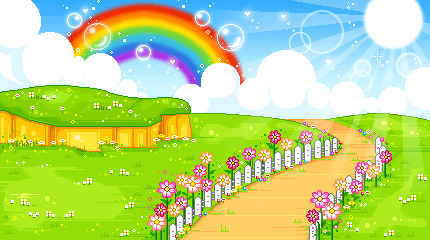 Gif of pixel art showing a green sunny, flowering landscape with a rainbow partially hidden among bubbling clouds.