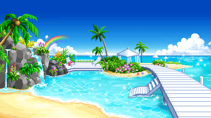 Gif of pixel art showing a seaside lounging area with a small rainbow in the background.