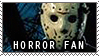 Stamp of Jason Voorhees from the 'Friday the 13th' movie series, there text on the bottom that reads 'HORROR FAN'.