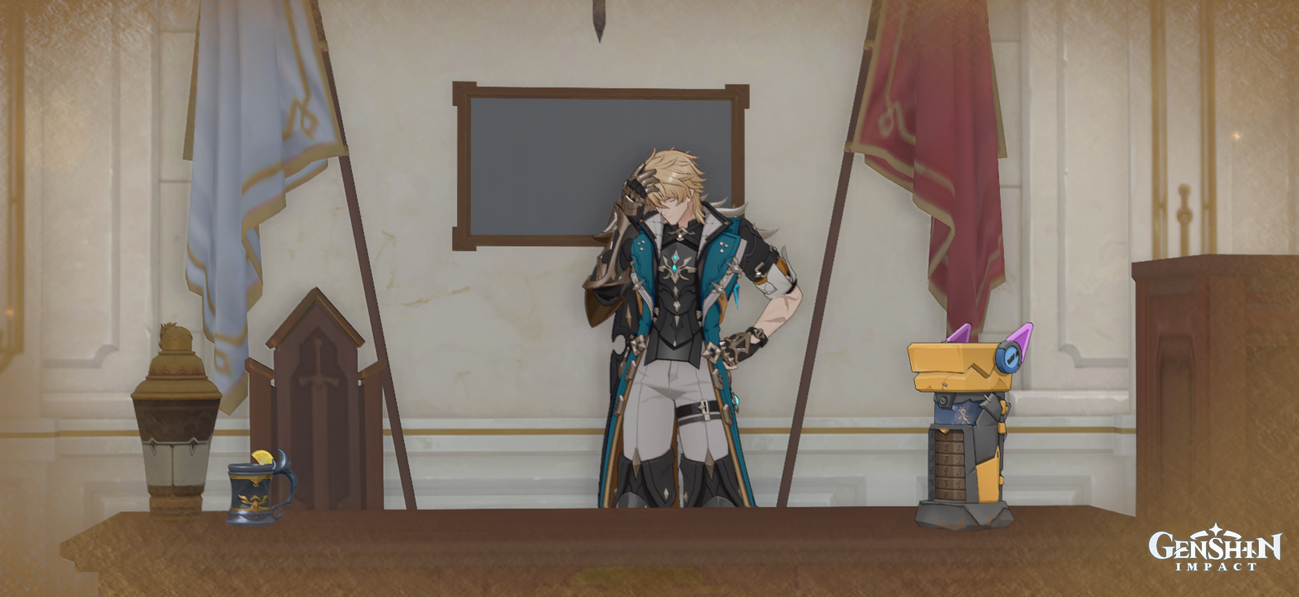 In-game screenshot of Varka holding his head in his head as he stands behind a wooden desk.