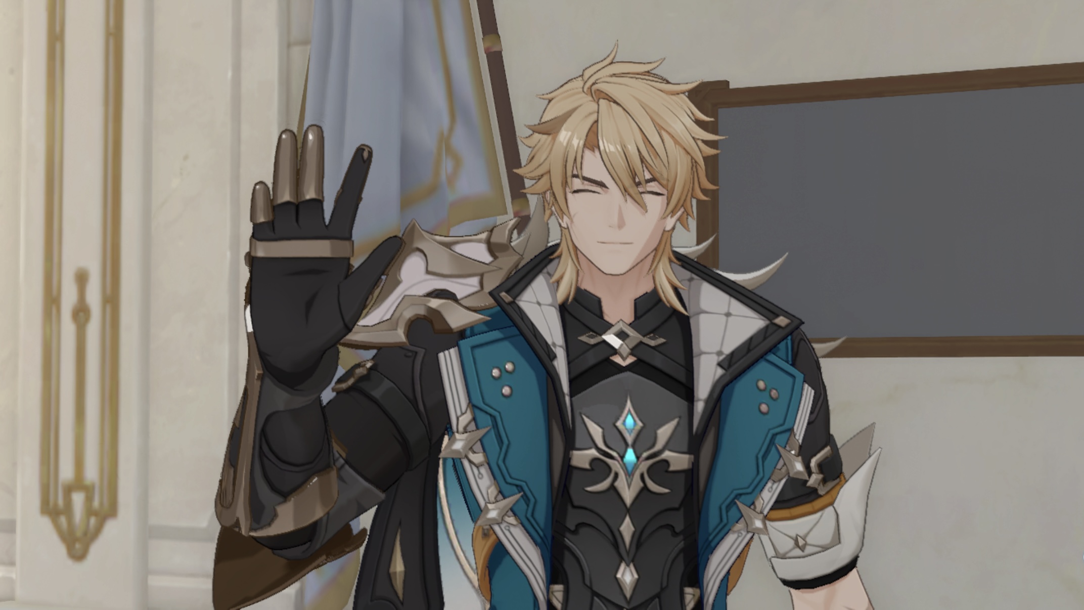 In-game screenshot of Varka waving with a smile at the Kamera.