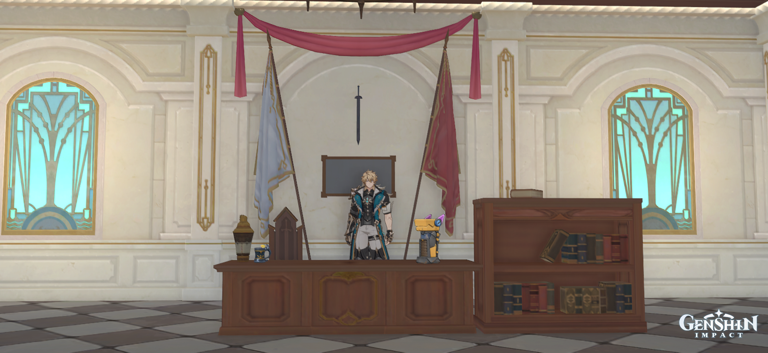 In-game screenshot of Varka standing in a room inside of the Serenitea Pot.