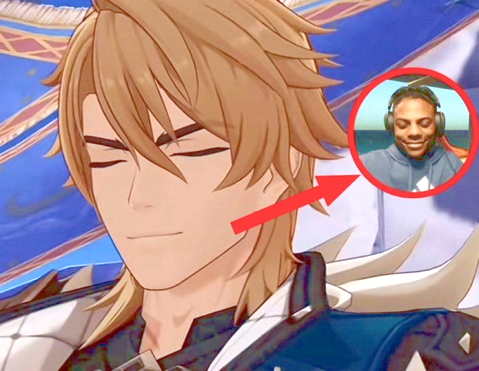 Image of a smiling, closed-eyed Varka being compared to IShowSpeed making a similar expression.