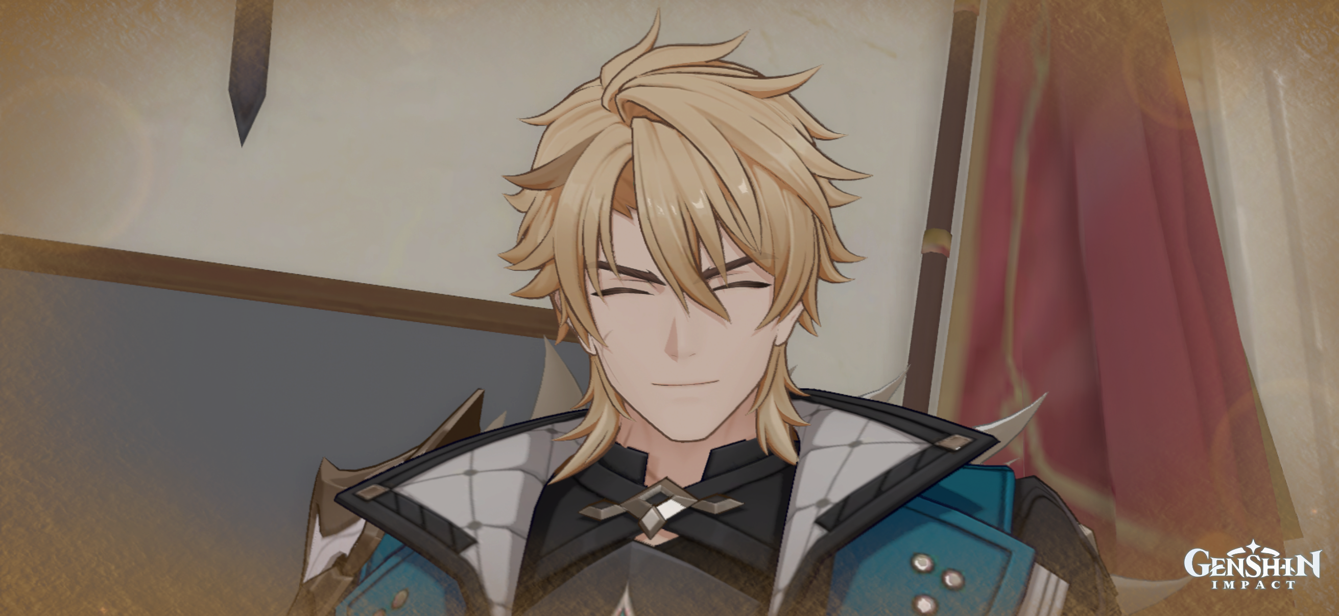 In-game upclose screenshot of Varka smiling at the Kamera.