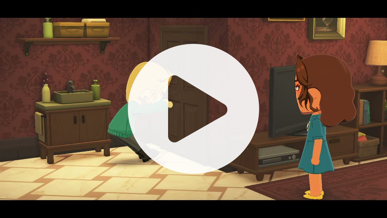 Tomodachi Life: Living the Dream video - Varka tries to pull open the bathroom door repeatedly but it doesn't work no matter how hard he tries. Merode steps in to let him know the door only opens one way and Varka easily pushes the door open (he's a little embarrassed).